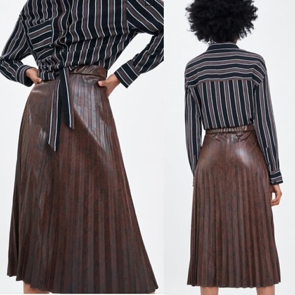 NWT ZARA Animal Print Pleated Faux Leather Skirt - Picture 2 of 5